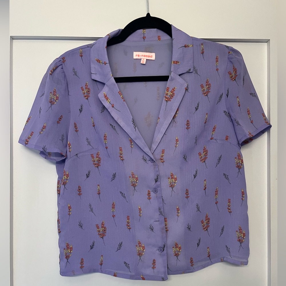 Re-named purple floral half sleeve button up